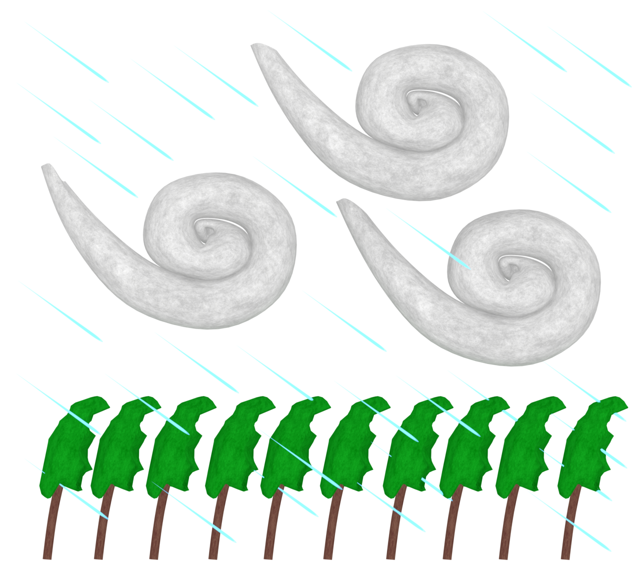 強風で揺れる木のイラスト