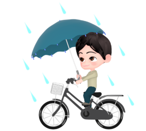 傘をさして自転車に乗る男性のイラスト
