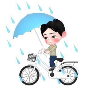 傘をさして自転車に乗る男性のイラスト