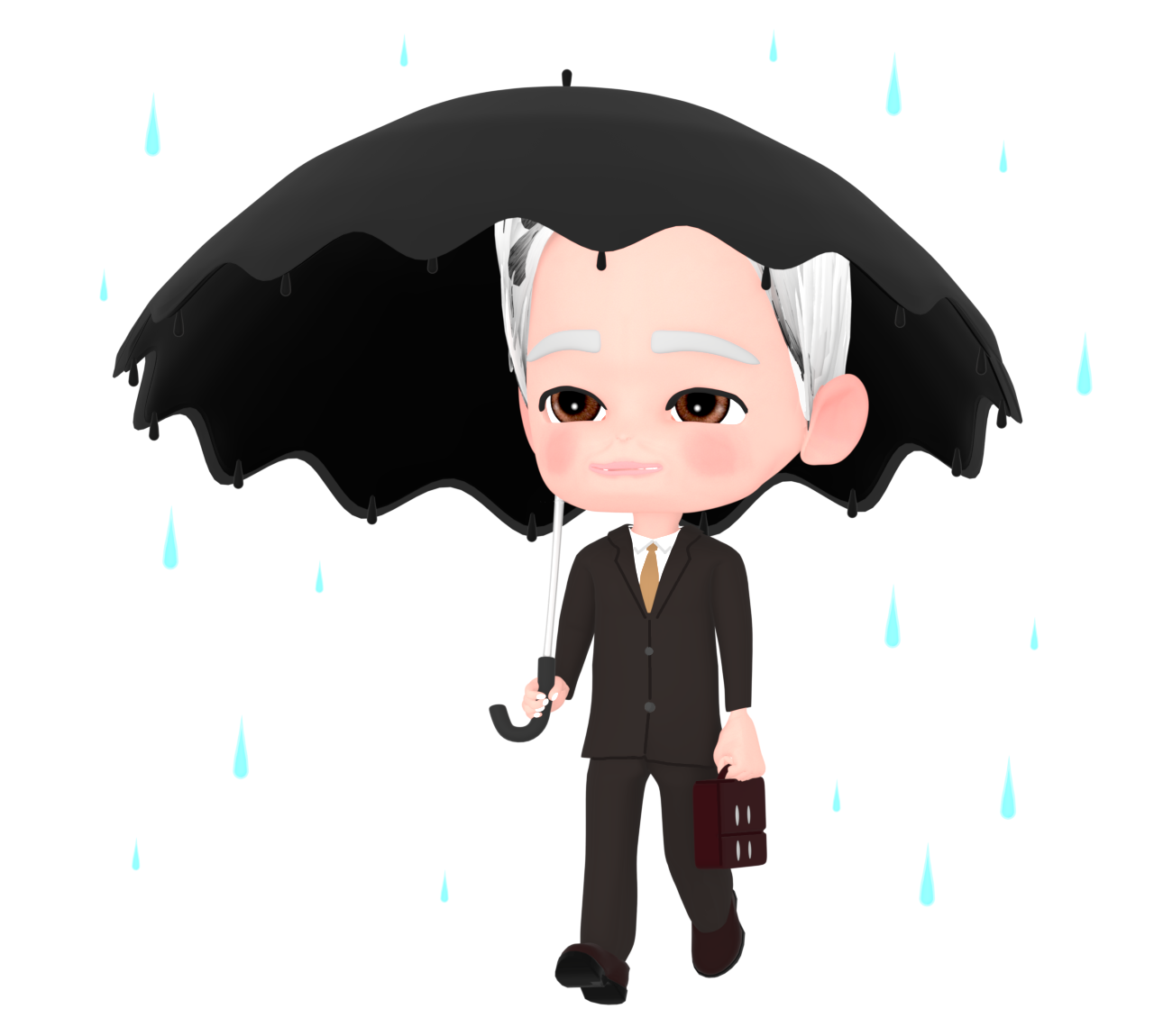 傘をさす高齢者の会社員のイラスト