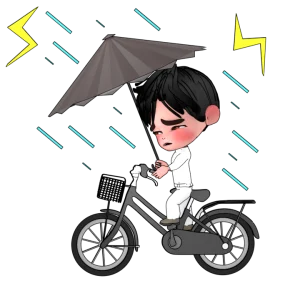 傘とレインコートで自転車に乗る人のイラスト