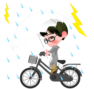 傘とレインコートで自転車に乗る人のイラスト