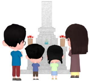 お墓参りをする家族のイラスト