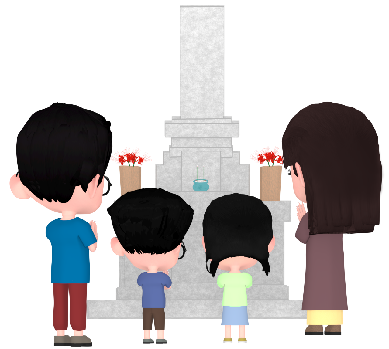 お墓参りをする家族のイラスト