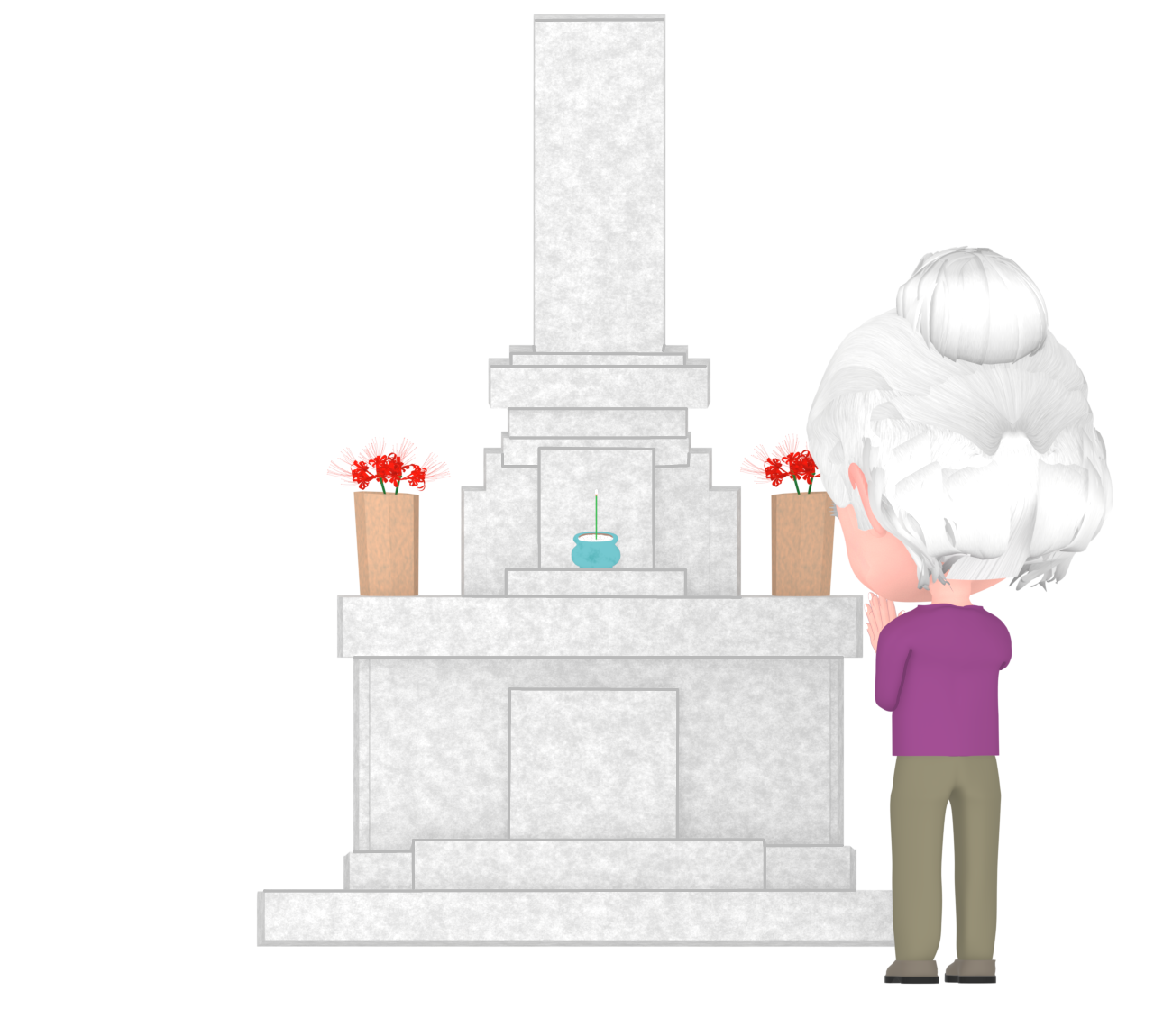 お墓参りをするおばあちゃんのイラスト