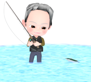 ウェーディング釣りをするおじいちゃんのイラスト