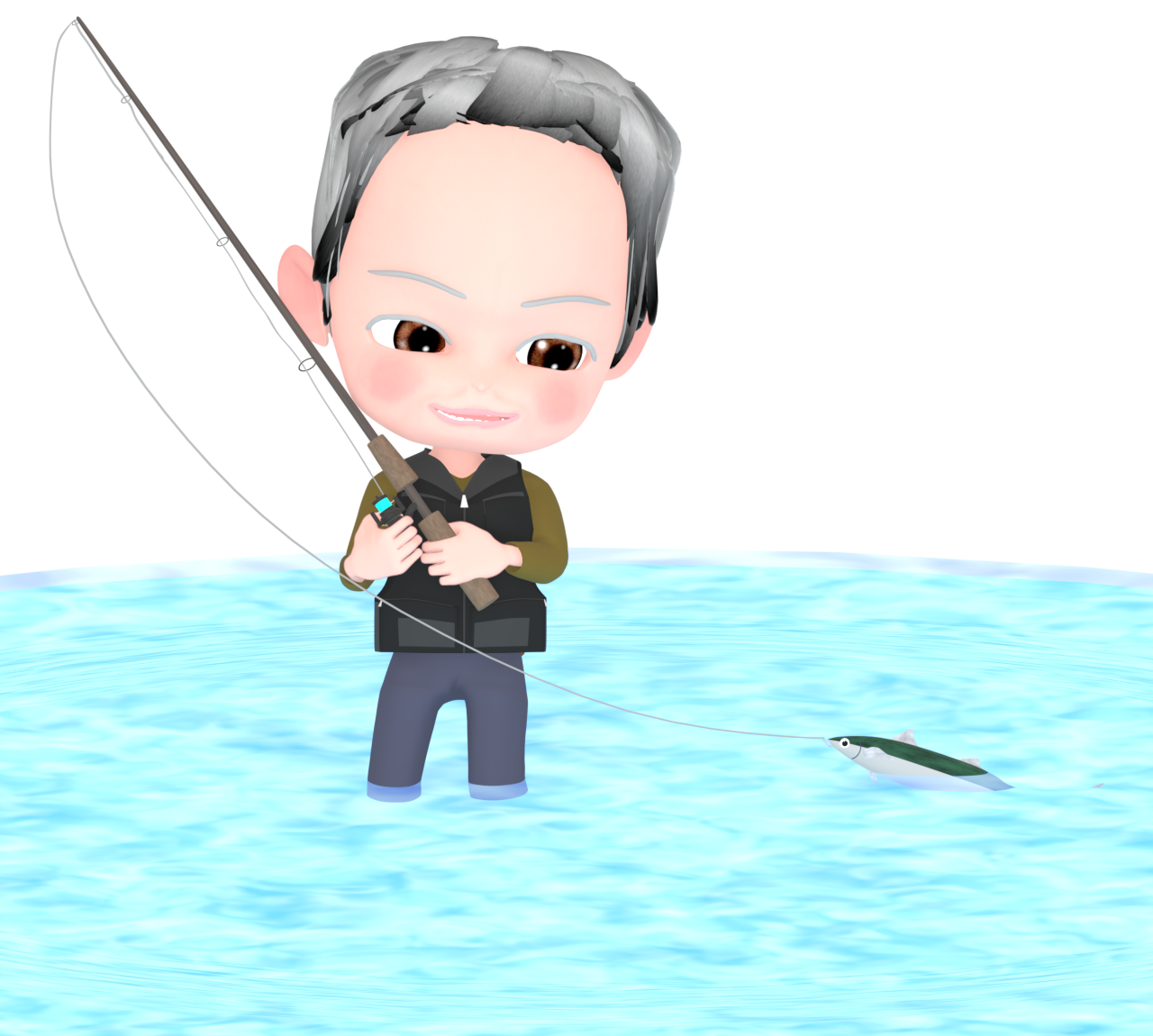ウェーディング釣りをするおじいちゃんのイラスト