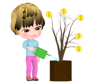 金のなる木に水をやる外国人の女性のイラスト