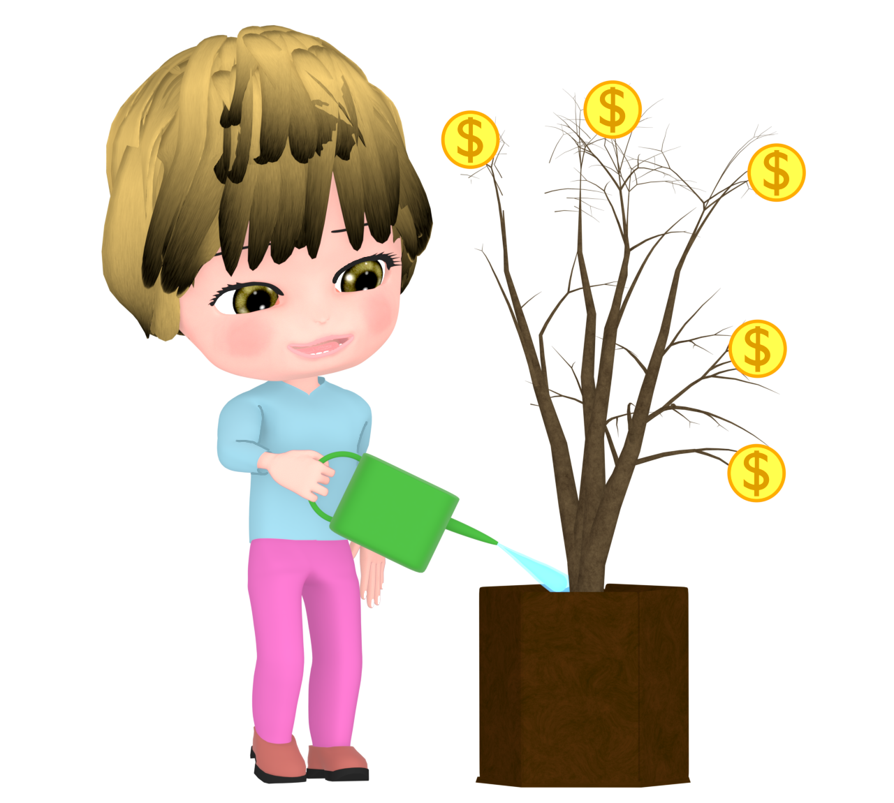 金のなる木に水をやる外国人の女性のイラスト