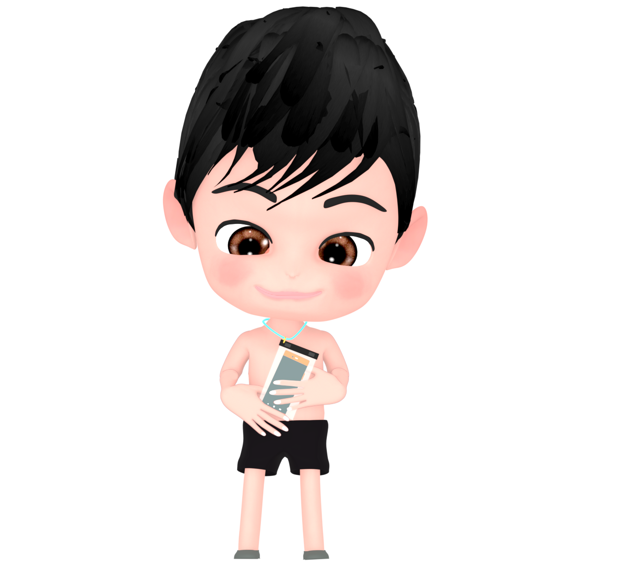 防水ケースにスマホを入れる男の子のイラスト