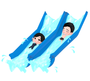 ウォータースライダーで遊ぶ子どものイラスト