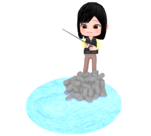 消波ブロックで釣りをする女性のイラスト
