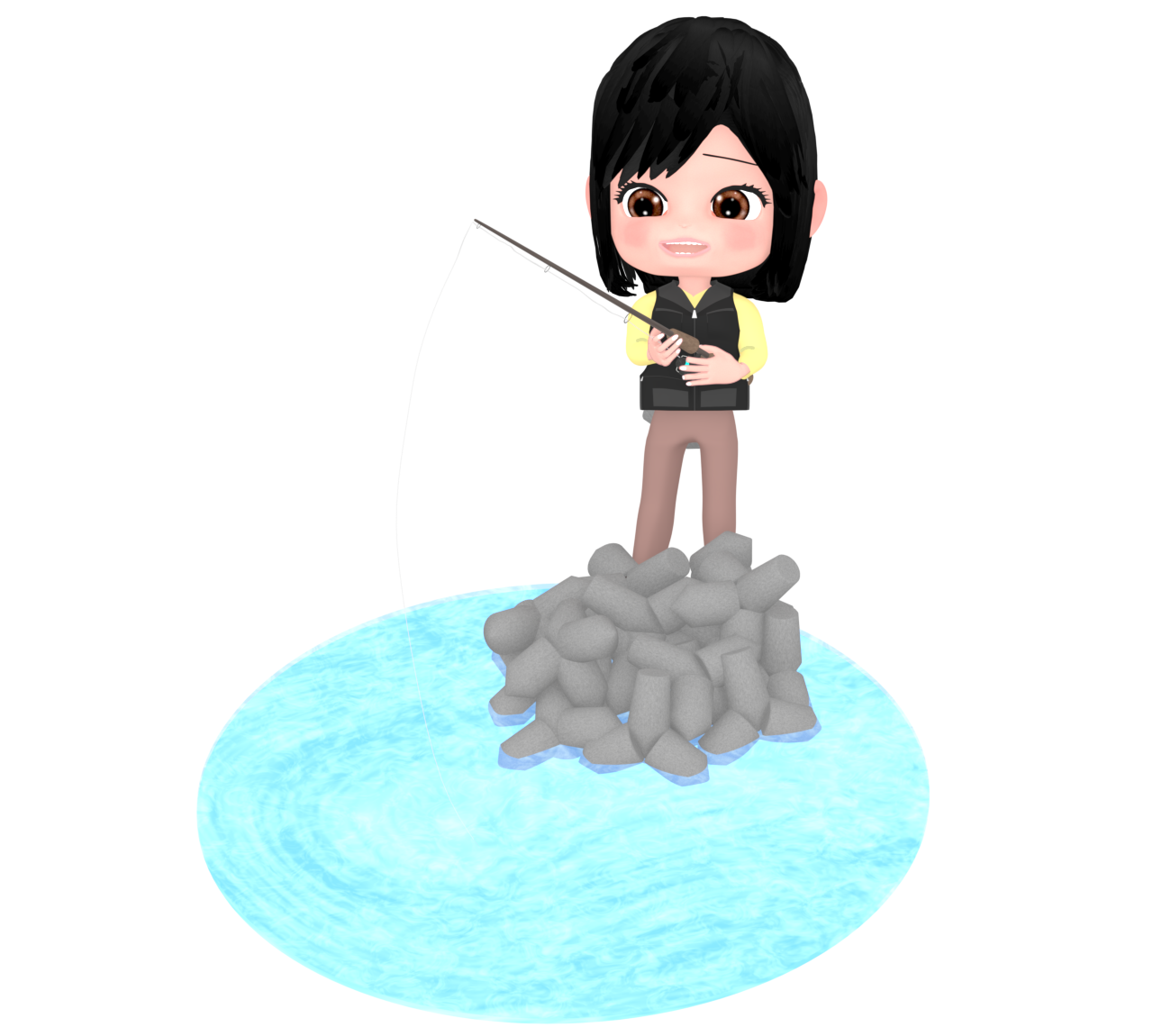 消波ブロックで釣りをする女性のイラスト