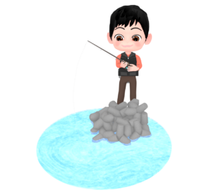 波消しブロックで魚釣りをする男性のイラスト