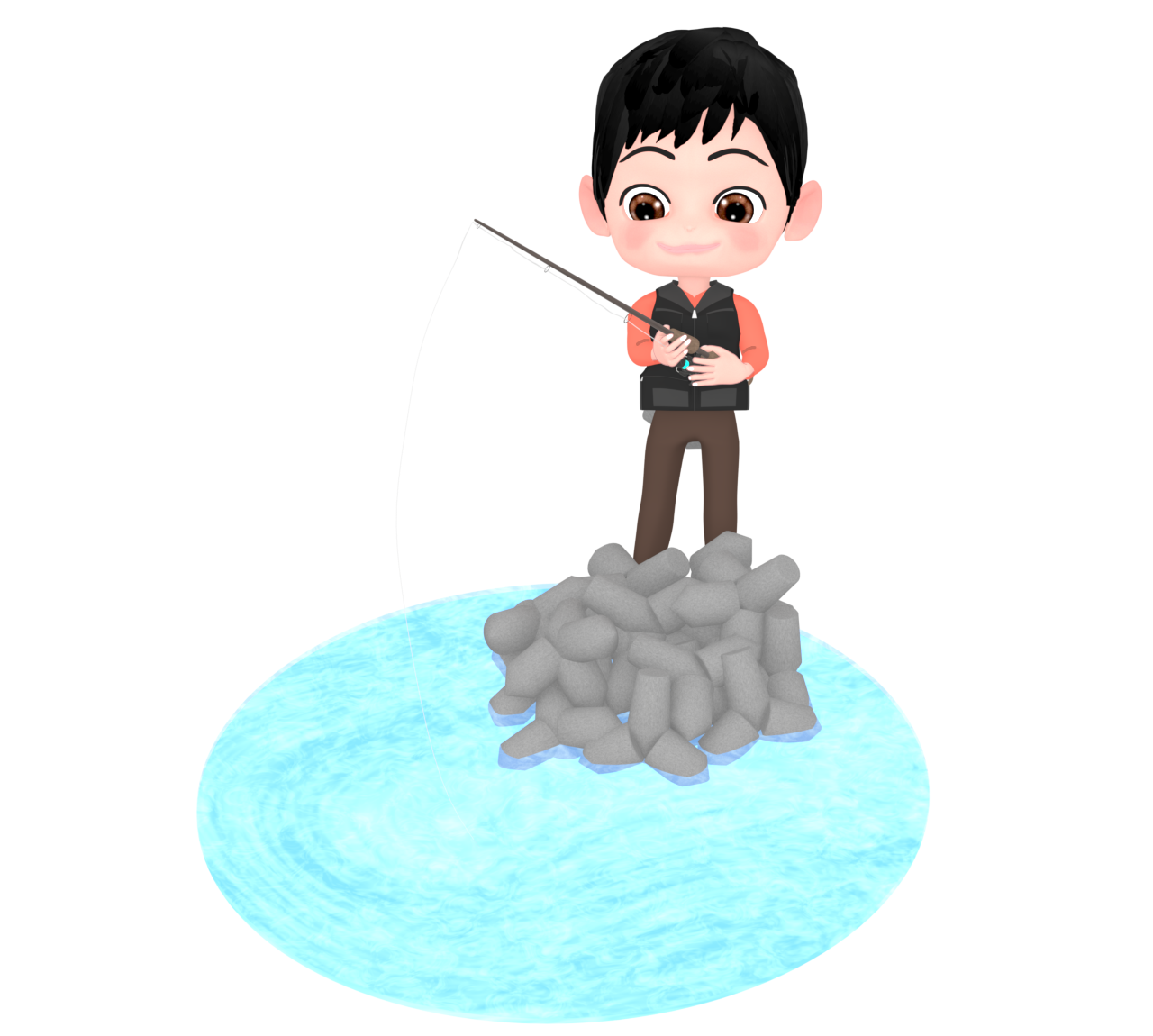 波消しブロックで魚釣りをする男性のイラスト