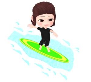 波乗りサーフィンを楽しむ女性のイラスト