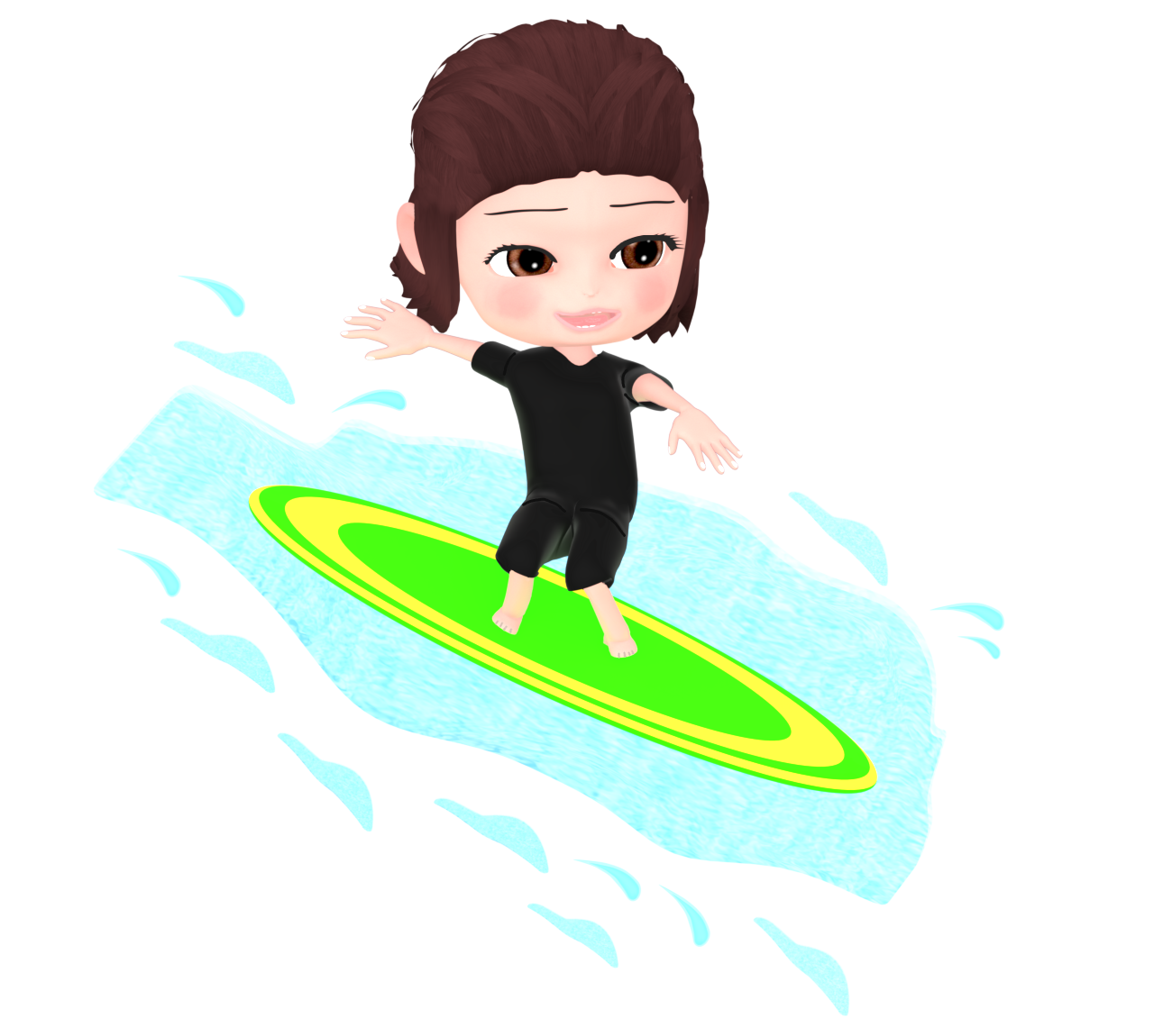 波乗りサーフィンを楽しむ女性のイラスト