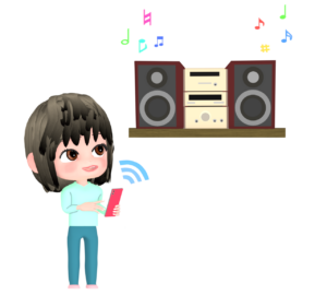 Wi-Fiでコンポから音を出す女性のイラスト