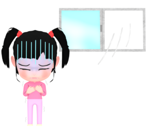 窓から入る風に震える女の子のイラスト