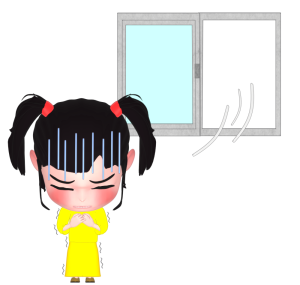 窓から入る風に震える女の子のイラスト
