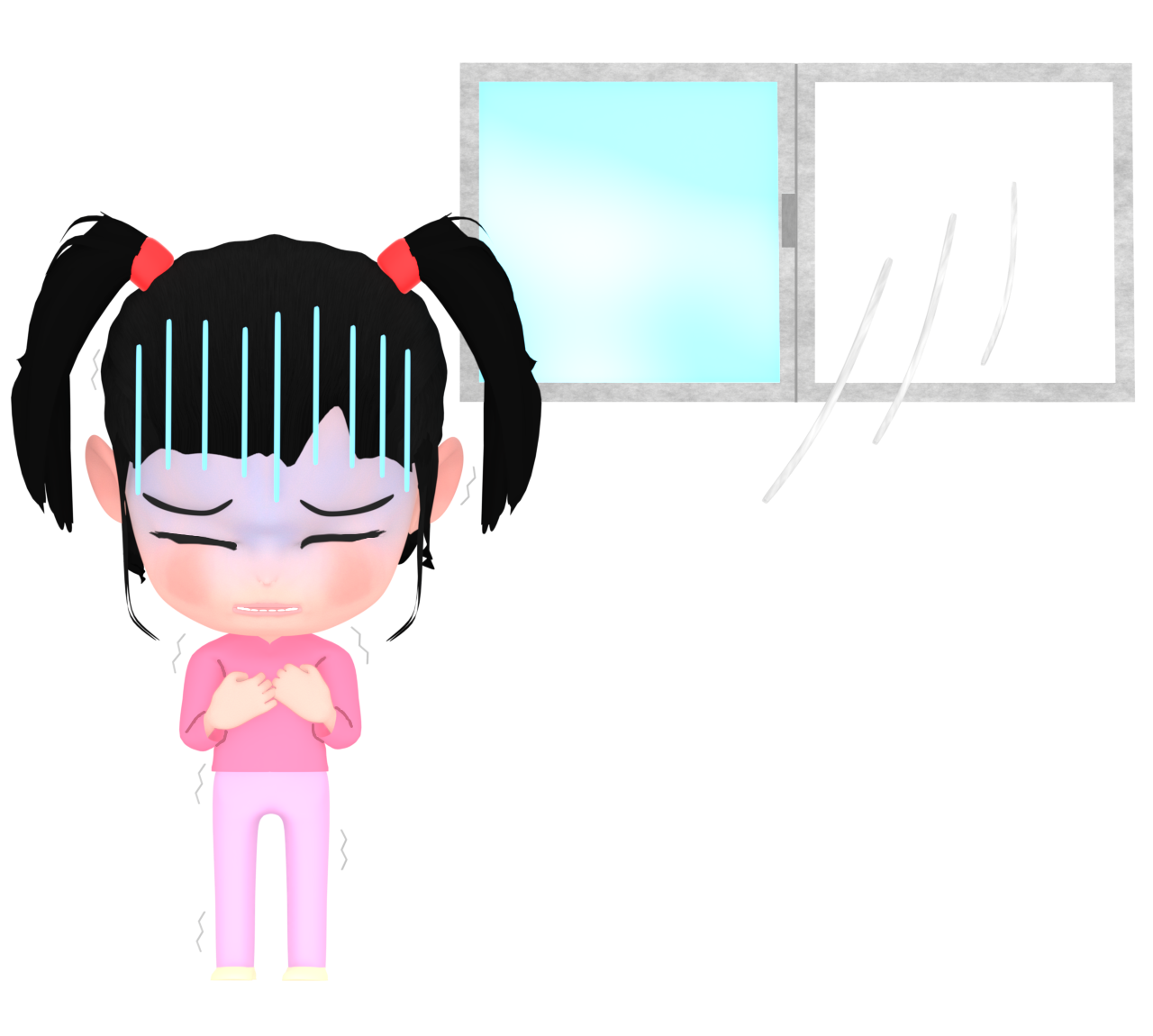 窓から入る風に震える女の子のイラスト