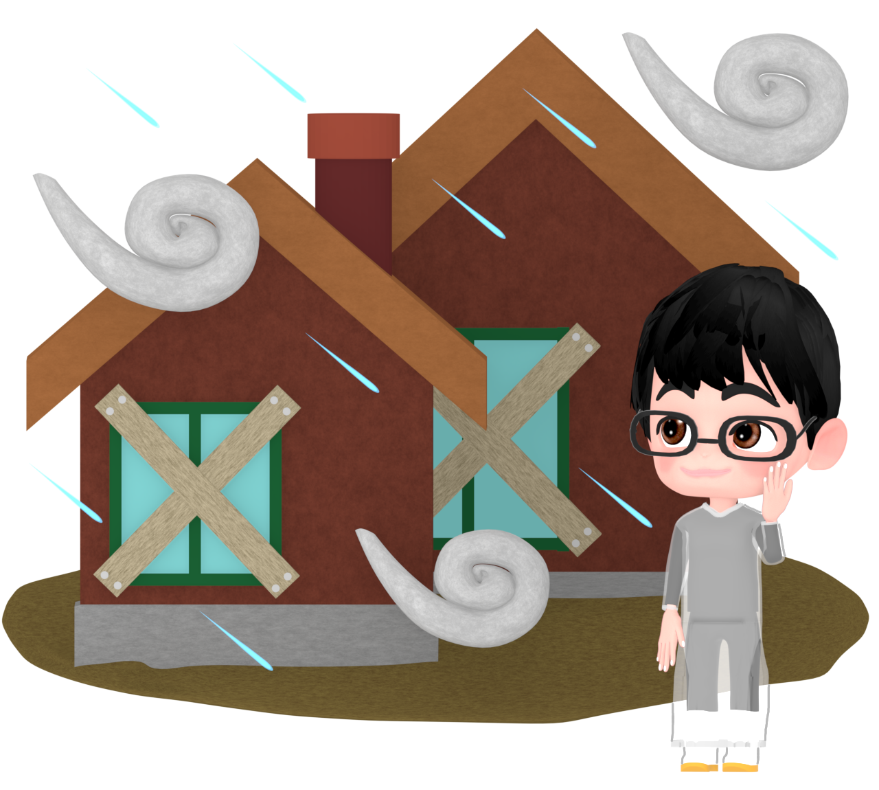 台風に備える男性のイラスト