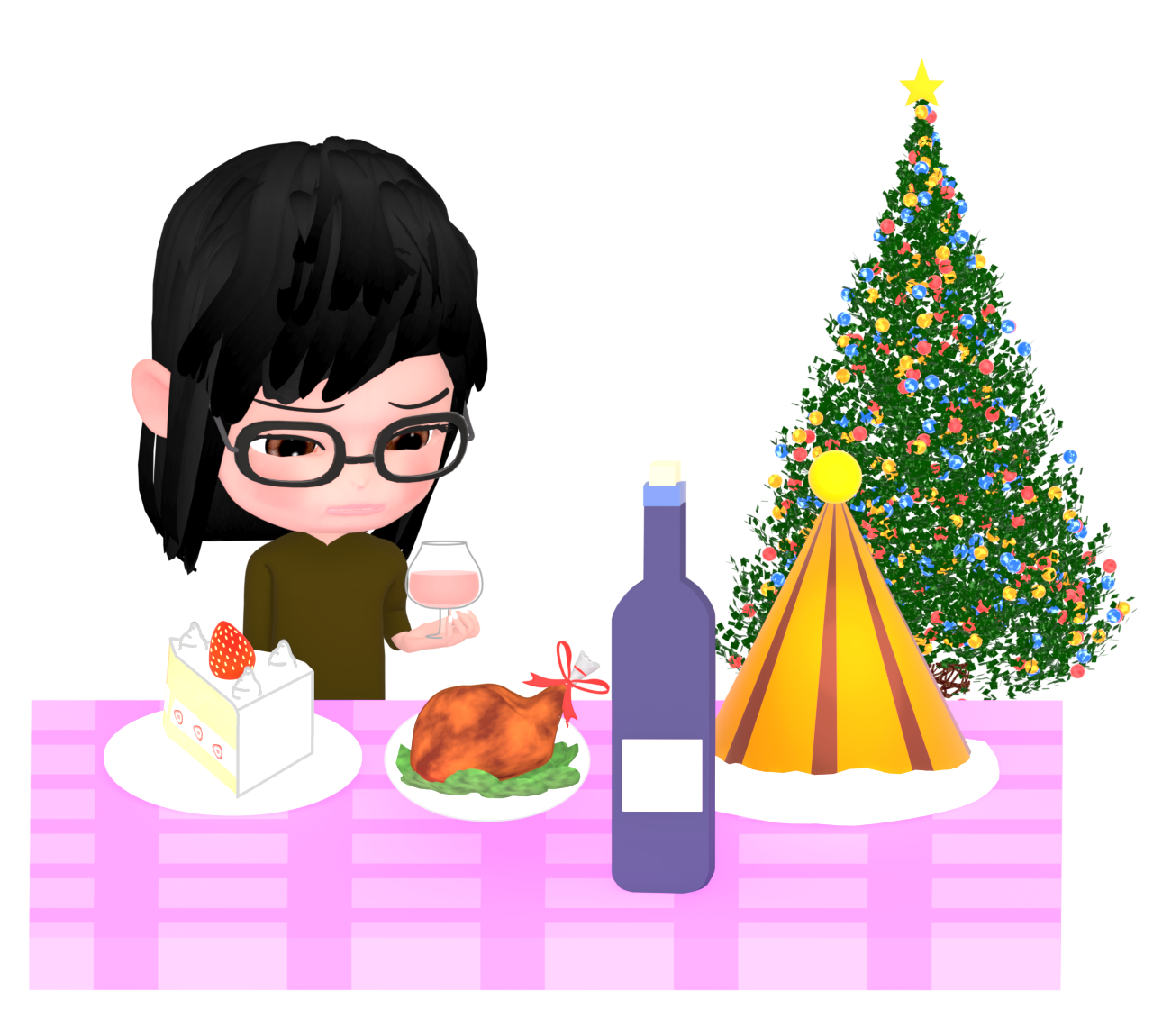 ワインを片手に祝うクリスマスのイラスト