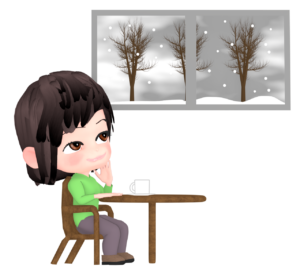 冬の喫茶店でコーヒーを飲む女性のイラスト
