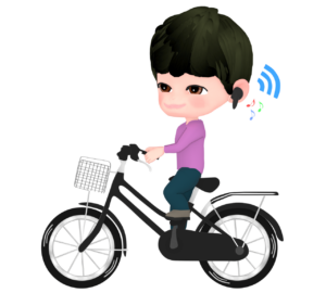 ワイヤレスイヤホンをつけて自転車に乗る男性のイラスト
