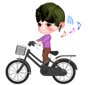 ワイヤレスイヤホンをつけて自転車に乗る男性のイラスト