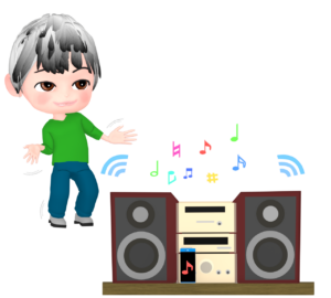 無線ＬＡＮでコンポから音楽を聴く男性のイラスト