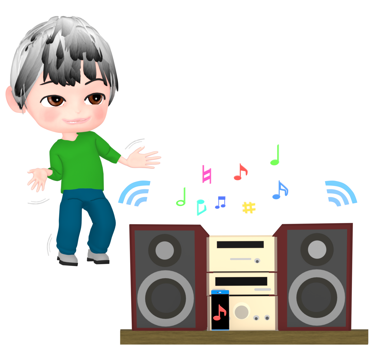 無線LANでコンポから音楽を聴く男性のイラスト 12 無線LANでコンポから音楽を聴く男性のイラスト
