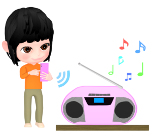 無線接続でラジカセから音楽を聴く女性のイラスト