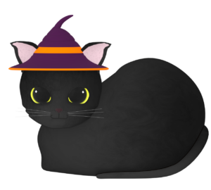 魔女の帽子をかぶる黒猫のイラスト
