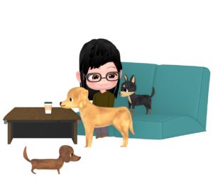 犬カフェで楽しむ女性のイラスト