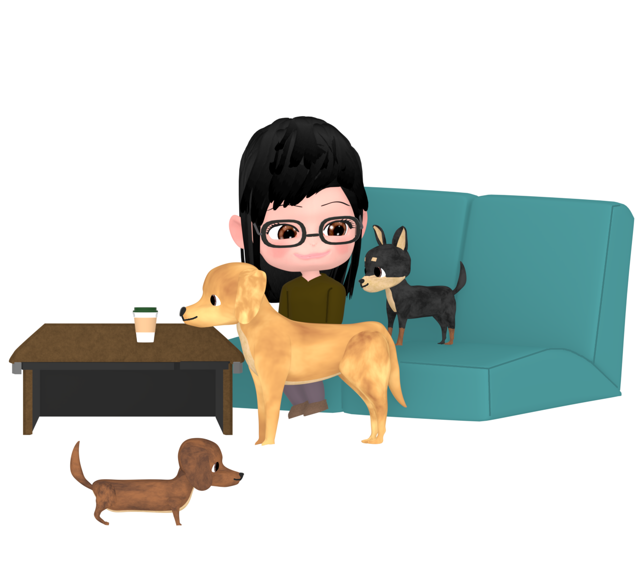 犬カフェで楽しむ女性のイラスト