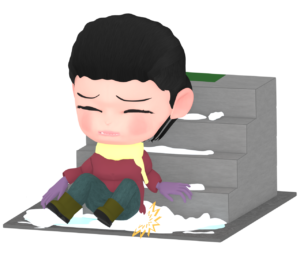 雪が積もる階段で転ぶ女性のイラスト