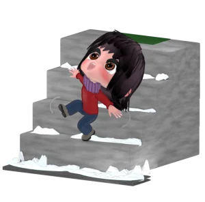 雪が積もる階段で転ぶ女性のイラスト