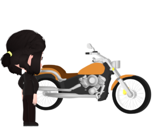 クルーザーバイクを眺める女性のイラスト