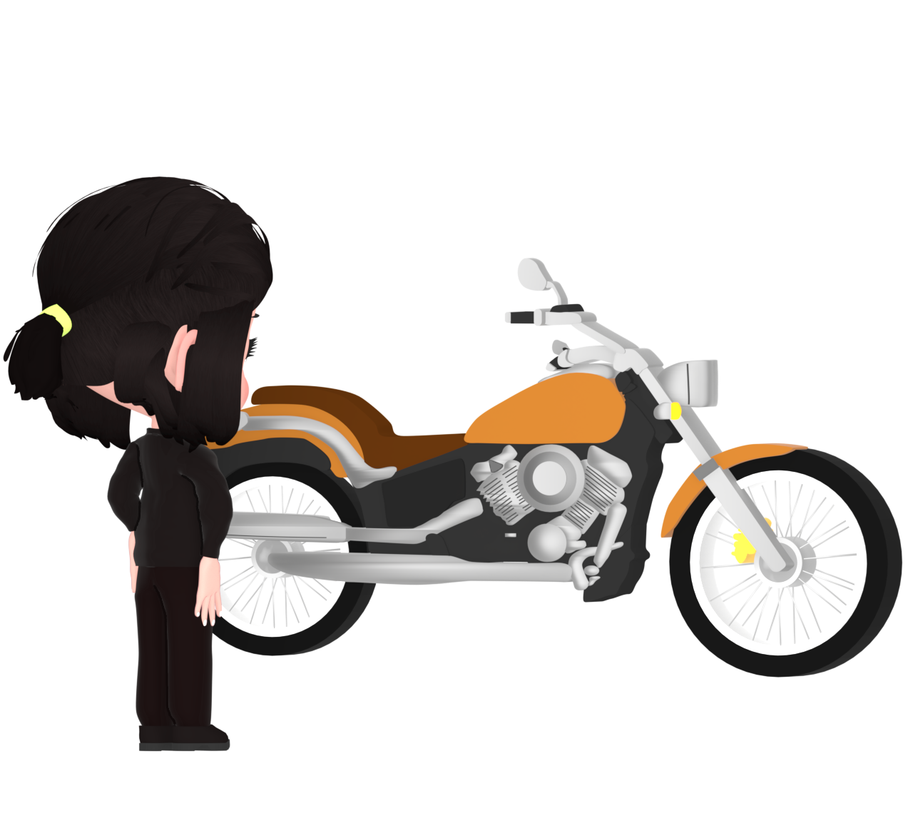 クルーザーバイクを眺める女性のイラスト