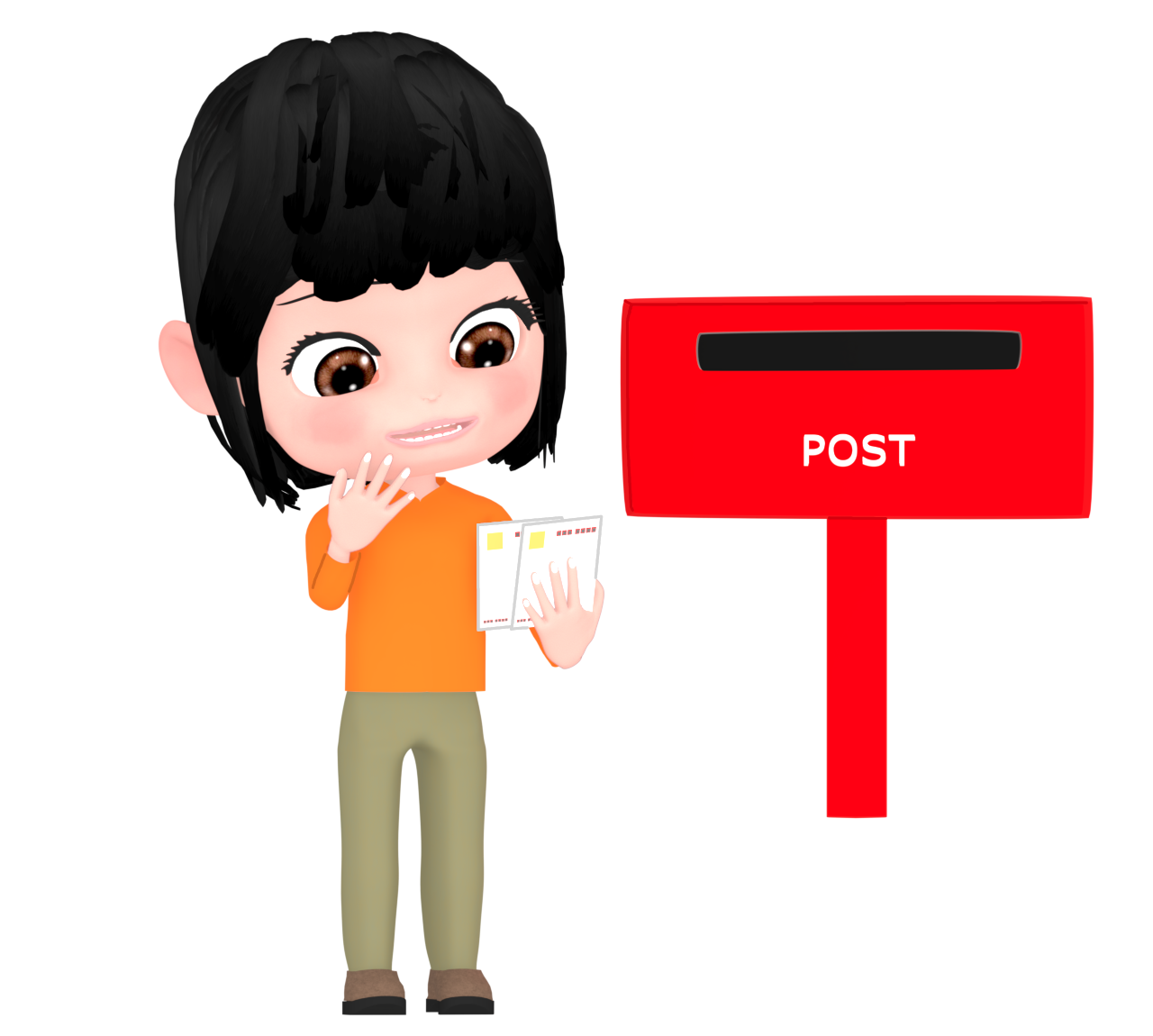 年賀状のはがきを見る女性のイラスト