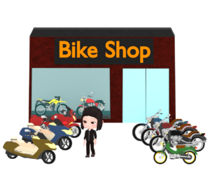 お店でバイクを見る女性のイラスト
