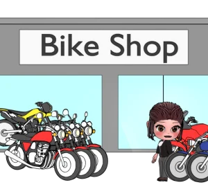 お店でバイクを見る女性のイラスト