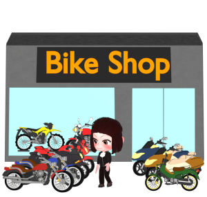 お店でバイクを見る女性のイラスト