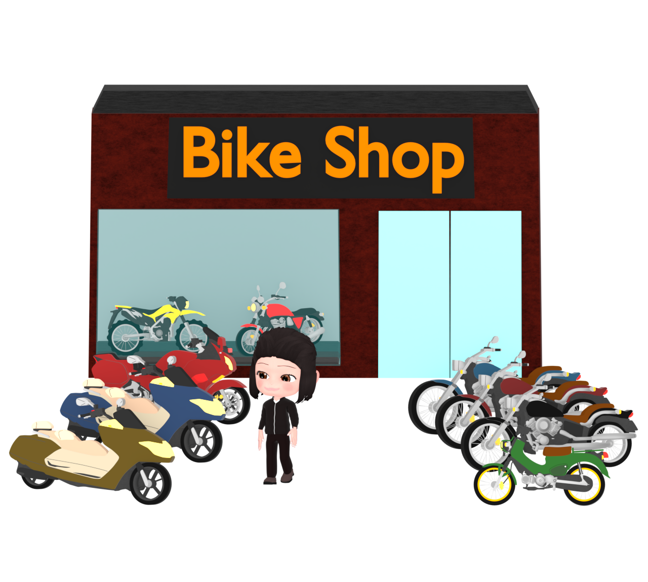 お店でバイクを見る女性のイラスト