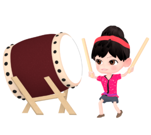 力強く太鼓を叩く女性のイラスト