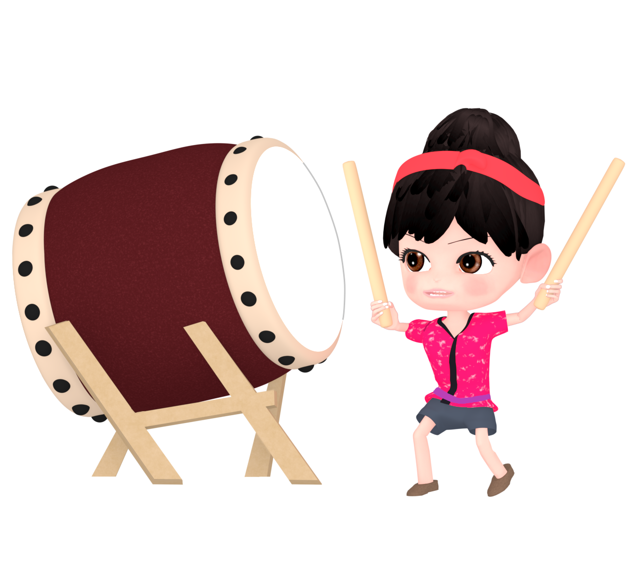 力強く太鼓を叩く女性のイラスト