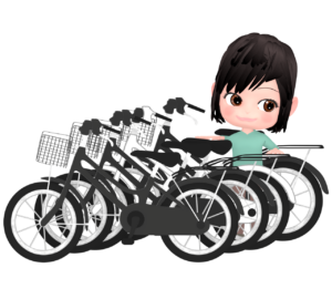 自転車置き場にママチャリを置く女性のイラスト