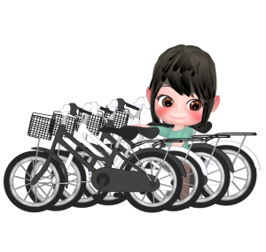 自転車置き場にママチャリを置く女性のイラスト