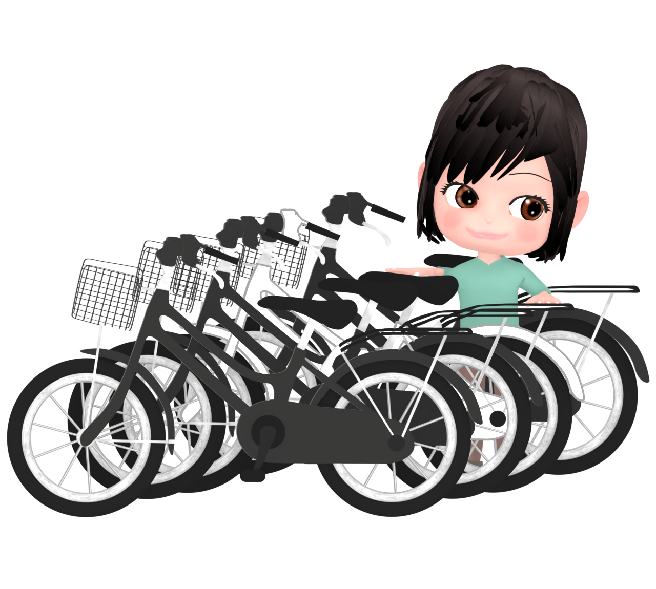 自転車置き場にママチャリを置く女性のイラスト